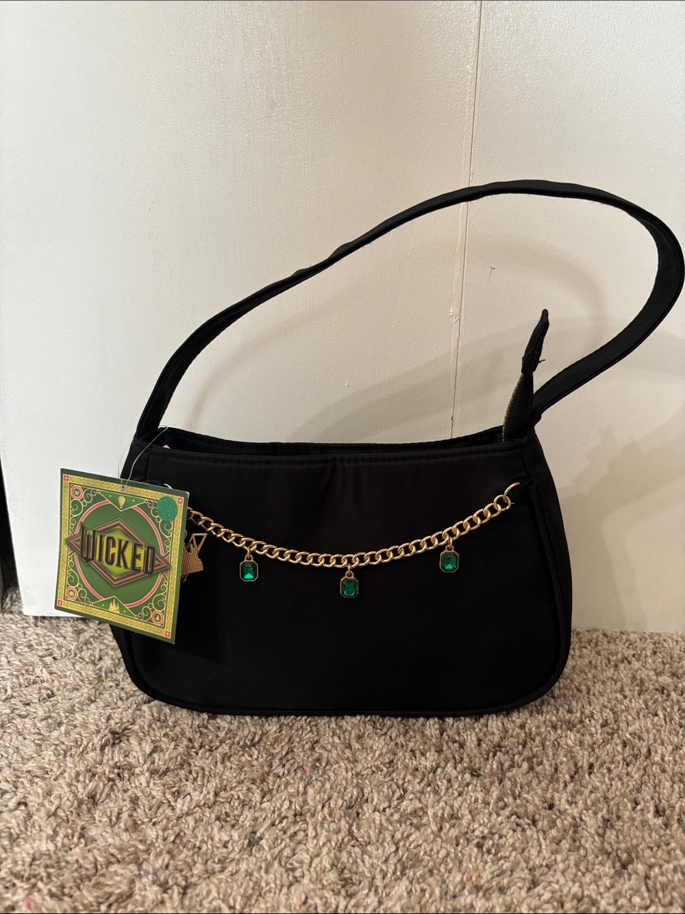 NWT wicked bio world Claire Black Shoulder Bag with Gold Chain and Green Charms